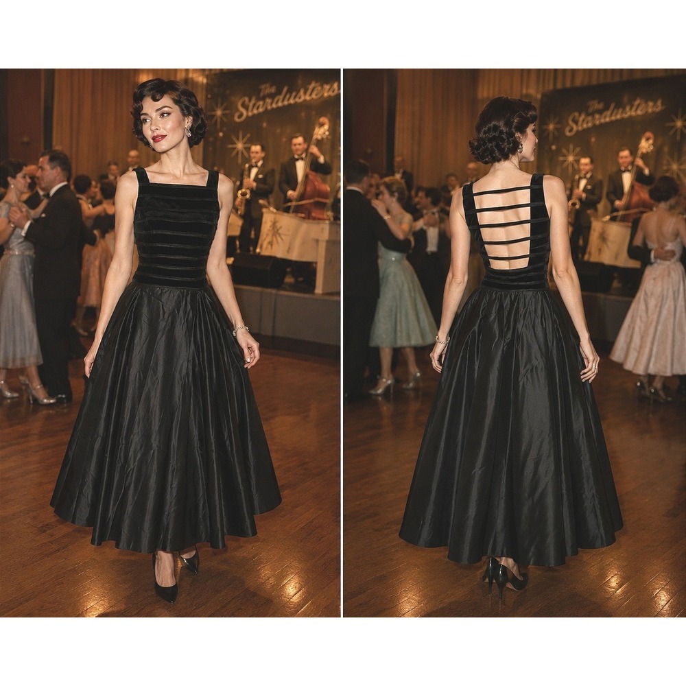 90s JS Collections Black Velvet Satin Strappy Open Back Evening Gown Maxi Dress